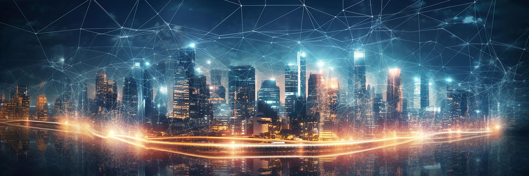 image of a city with a graphic representation of network points