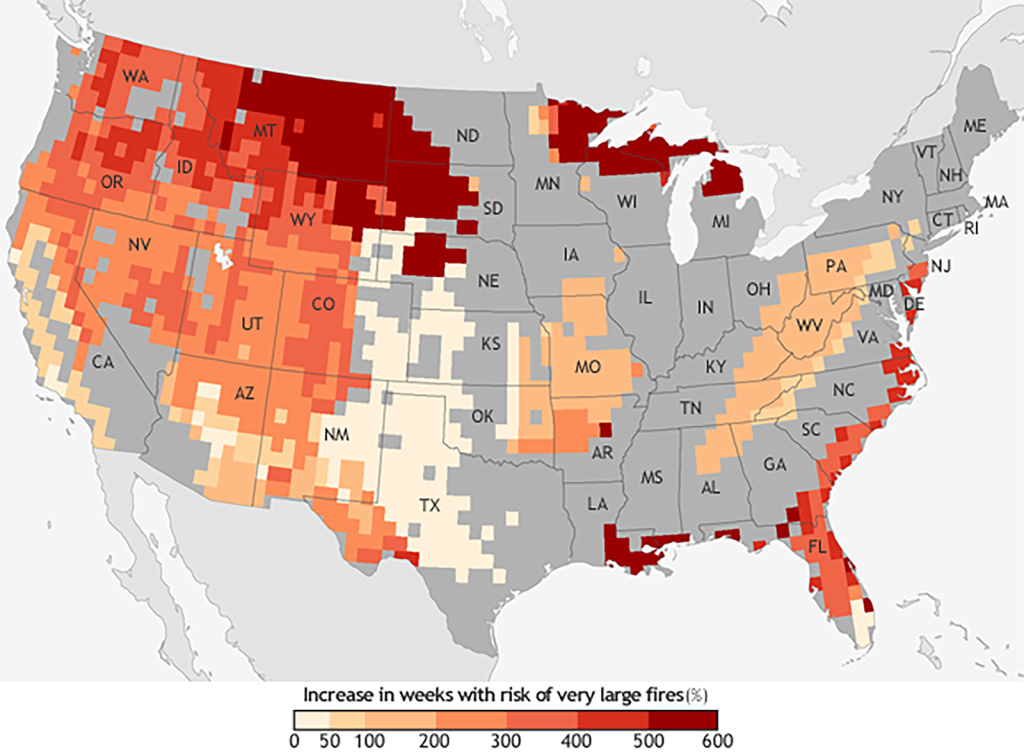 U.S. map showing percentage increase of weeks with risk of very large fires