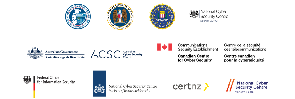 Logos for Cybersecurity and Infrastructure Security Agency (CISA), the Federal Bureau of Investigation (FBI), the National Security Agency (NSA), and the cybersecurity authorities of Australia, Canada, United Kingdom, Germany, Netherlands, and New Zealand (CERT NZ, NCSC-NZ)