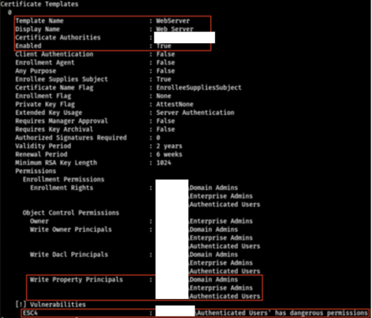 Figure 2: Misconfigured Certificate Template Enumerated via Certipy