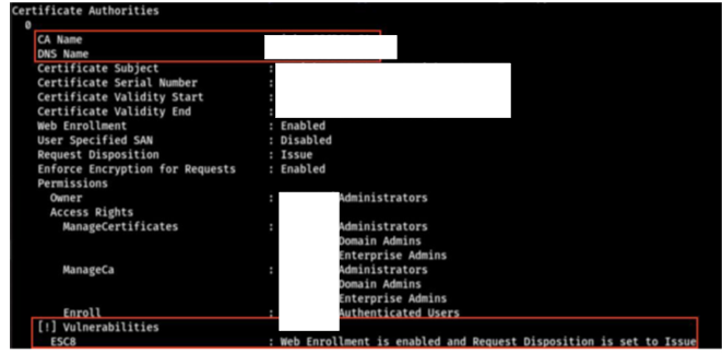 Figure 3: Misconfigured ADCS Enumerated via Certipy