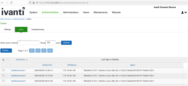 Figure 12: Inactive Sessions for “vpnuser2” and “vpnuser3” Appear in Server Logs