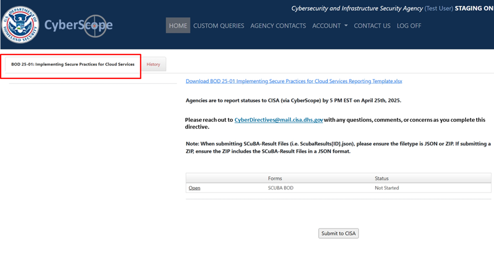 This is a screenshot of the CyberScope webpage where a user can access the BOD 25-01 section for submitting reports. A red rectangle highlights the phrase "BOD 25-01: Implementing Secure Practices for Cloud Services."