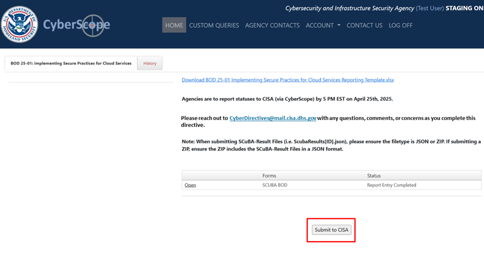 This is a screenshot of the CyberScope webpage where a user can submit a file. A red rectangle highlights a button labeled "Submit to CISA.