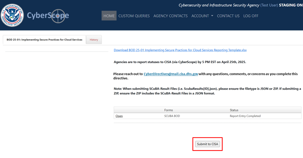 This is a screenshot of the CyberScope webpage where a user can submit a file. A red rectangle highlights a button labeled "Submit to CISA."