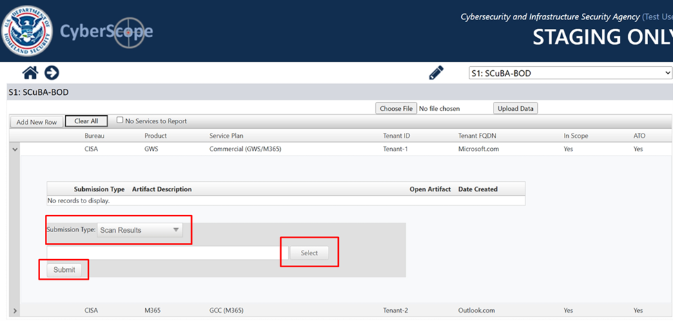 This is a screenshot of the CyberScope webpage where a user can select the file type and upload a file. A red rectangle highlights the phrase "Submission Type," which precedes a dropdown menu option with a downward-facing triangle labeled "Scan Results." To the right, slightly below, a red rectangle highlights a button labeled "Select." Below that, on the lefthand side, a red rectangle highlights a button labeled "Submit."