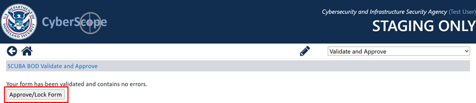 This is a screenshot of the CyberScope webpage where a user can approve or lock the form. A red rectangle highlights a button labeled "Approve/Lock Form."