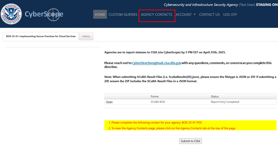 This is a screenshot of the CyberScope webpage where a user can access the "Agency Contacts" webpage. A red rectangle highlights the "Agency Contacts" link.