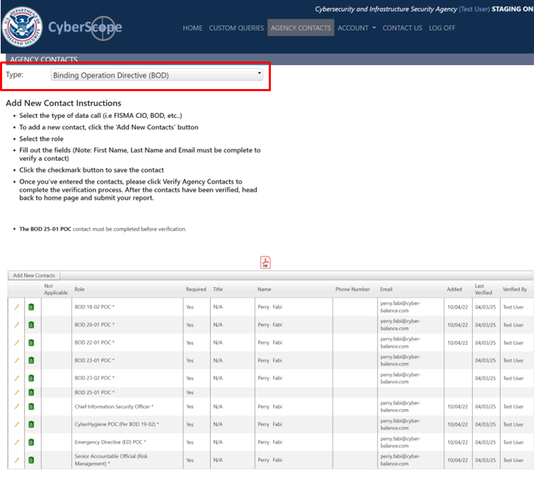 This is a screenshot of the CyberScope webpage where a user can select the relevant contact type. A red rectangle highlights the word "Type," which precedes the phrase "Binding Operational Directive (BOD)" in a button with an option to select a dropdown menu.