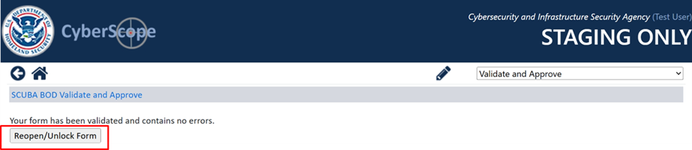 This is a screenshot of the CyberScope webpage where a user can reverse the approval/locking of a form. A red rectangle highlights a button labeled "Reopen/Unlock Form."