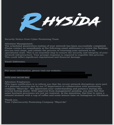 Figure 1: Rhysida Ransom Note