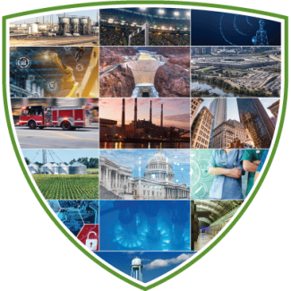 A shield shape filled with pictures of U.S. critical infrastructure sites and symbols