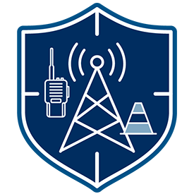 Shield with handheld radio, communications tower, and a public safety cone.