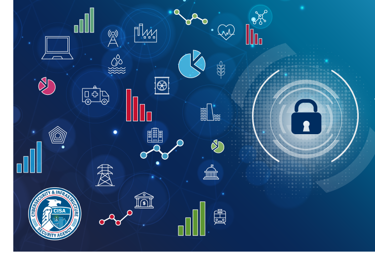 Image of pad lock, and figures of bar graphs, pie charts, laptop, cell tower, ambulance, CISA logo.