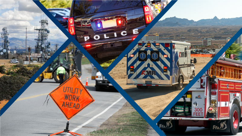 Communications towers, police car, ambulance, fire truck, and utilities crew.