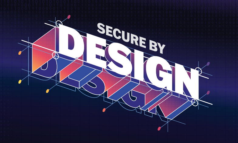 Text of Secure by Design on grid background in a colorful isometric design