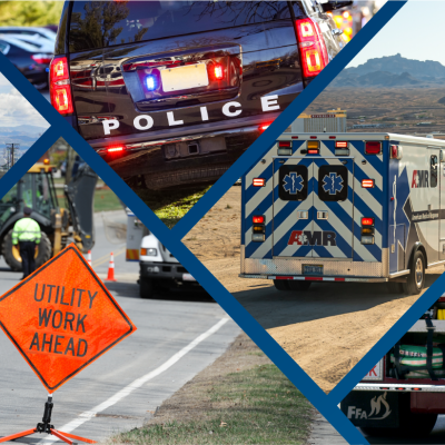 Communications towers, police car, ambulance, fire truck, and utilities crew.