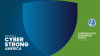 "Building a Cyber Strong America" branded blue and green background with a plain blue shield shape centering the image