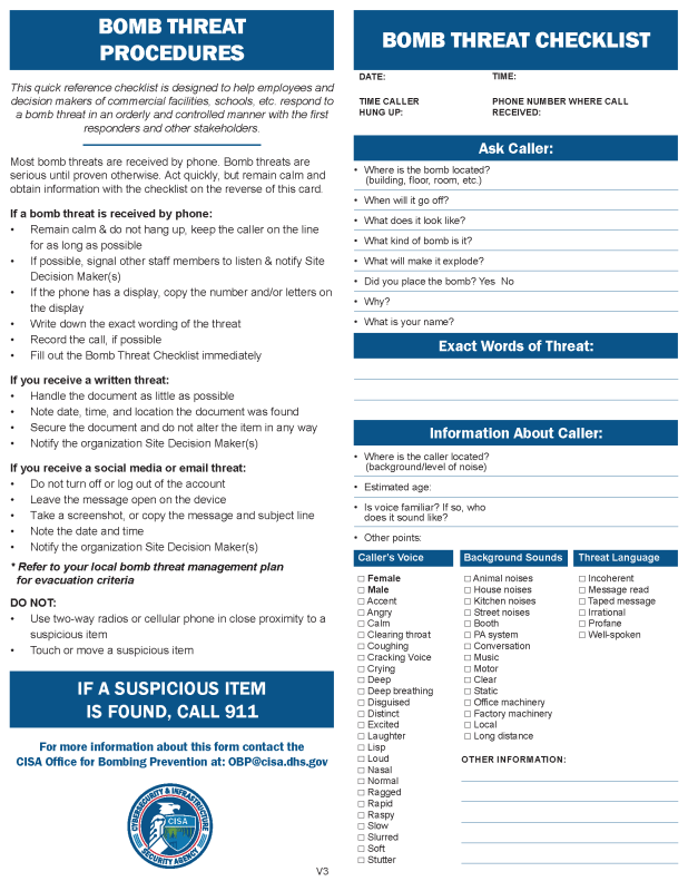 Picture of Bomb Threat Checklist